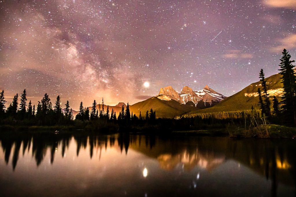 2x3, Alberta, Astrophotography, Banff national park, Canada, Canadian Rockies, Canmore, Lake, Landscape, Milkyway, Mountain, Night, Stars, Three sisters