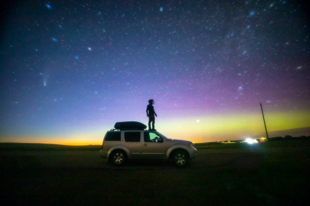 2x3, Alberta, Astrophotography, Aurora Borealis, Canada, Canada Rockies, Canadian Rockies, Comet Neowise, Drumheller, Landscape, Northern Light, Stars, Summer, self-portrait