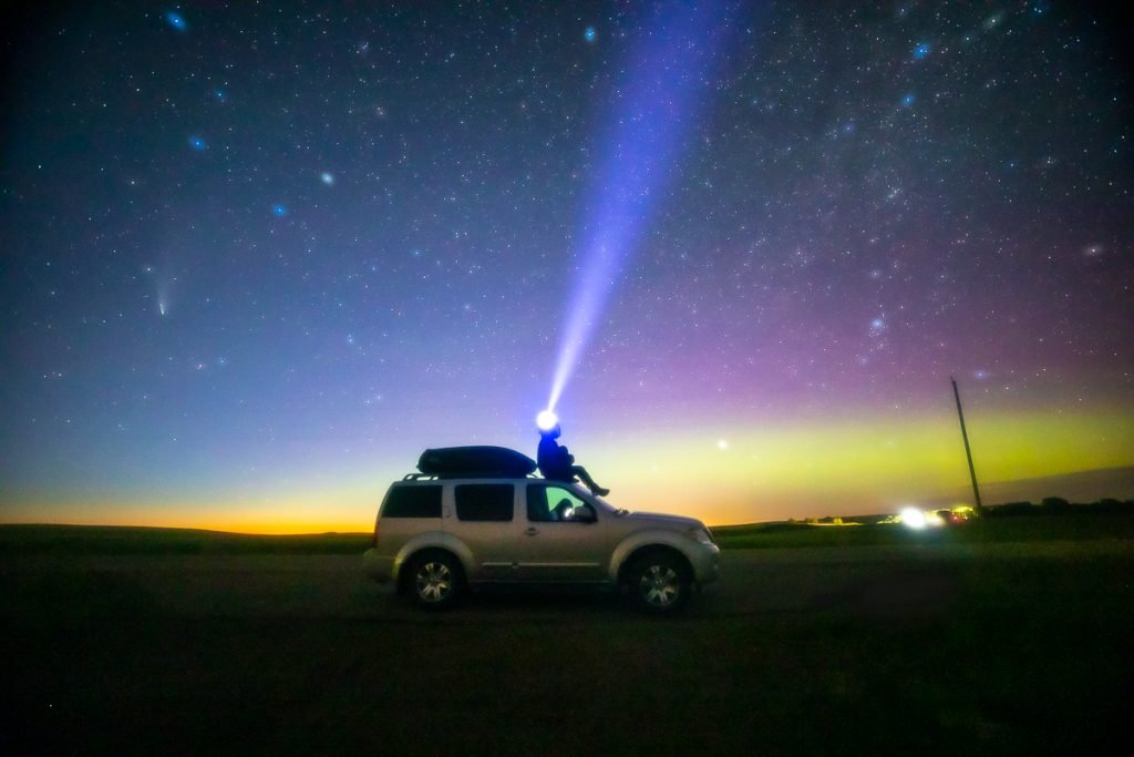 2x3, Alberta, Astrophotography, Aurora Borealis, Canada, Canada Rockies, Canadian Rockies, Comet Neowise, Drumheller, Landscape, Northern Light, Stars, Summer, self-portrait