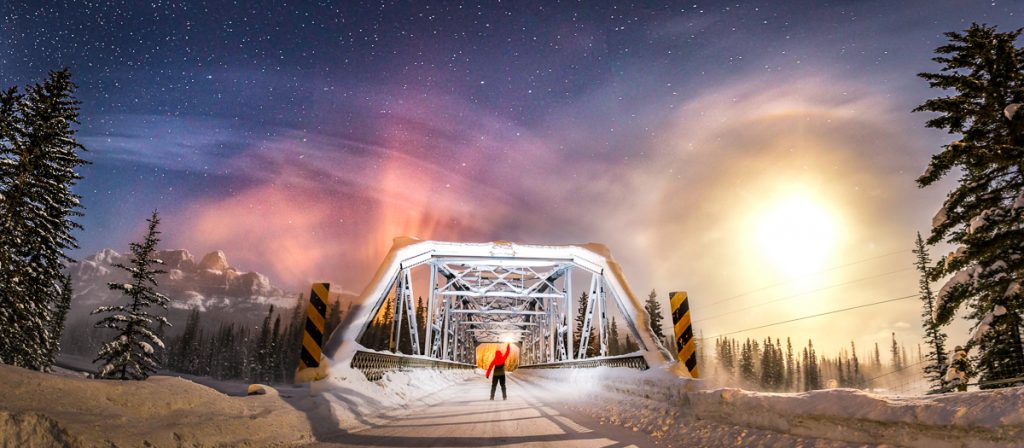 2x3, Alberta, Astrophotography, Canada, Canadian Rockies, Castle Junction, Castle Mountain, Landscape, Moon, Moon Halo, Mountains, Night photography, Snow, Stars, Winter, self-portrait