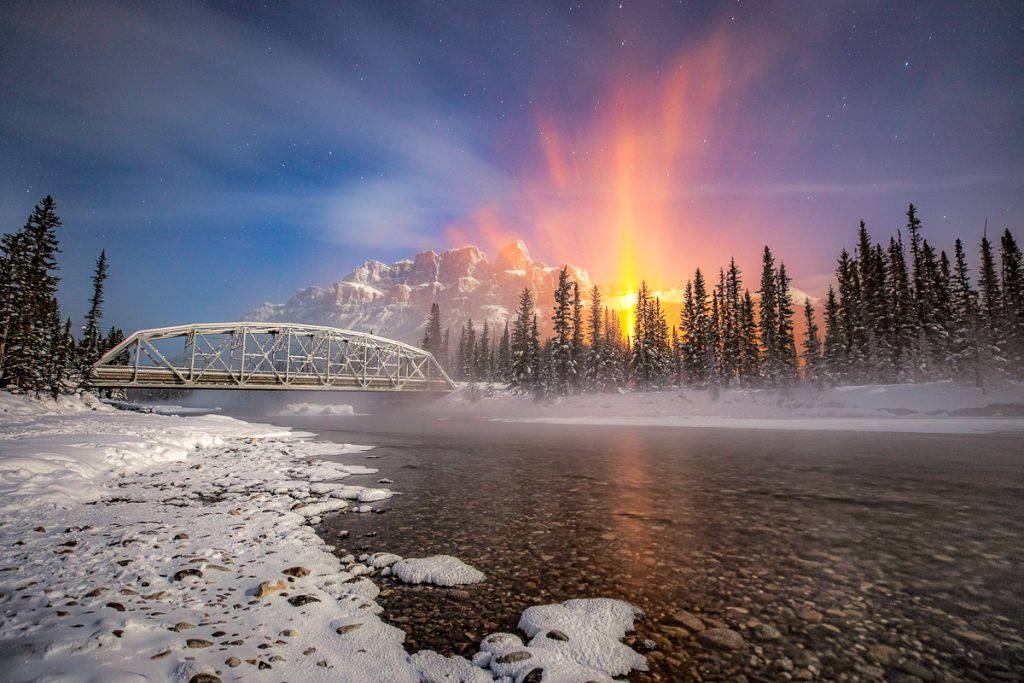 2x3, Alberta, Astrophotography, Canada, Canadian Rockies, Castle Junction, Castle Mountain, Landscape, Moon, Moon Halo, Mountains, Night photography, Snow, Stars, Winter
